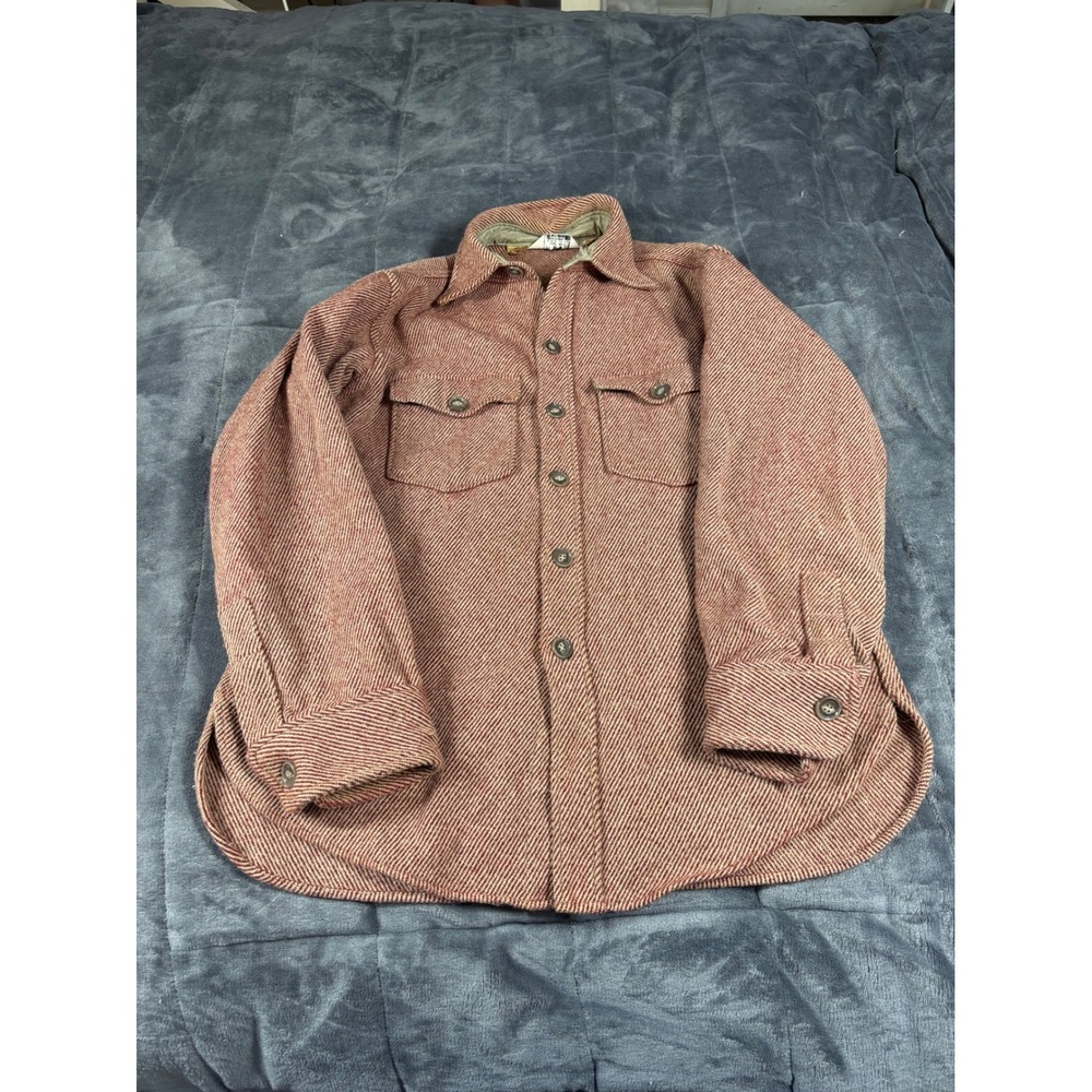 Vintage Woolrich Wool Shirt Jacket Mens Medium Red Tan Twill Heavy CPO Shacket